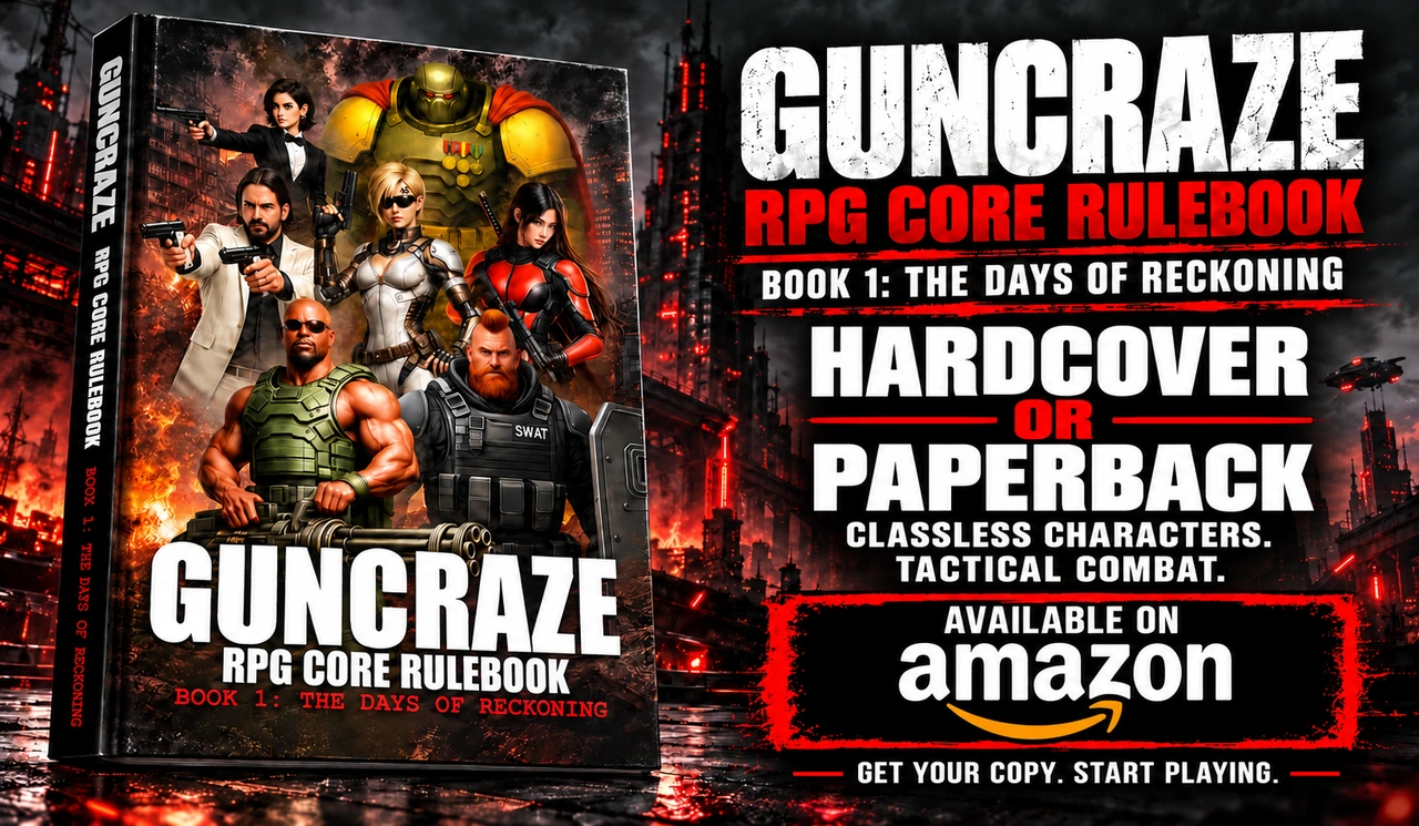 GunCraze Core Rulebook hardcover or paperback on Amazon