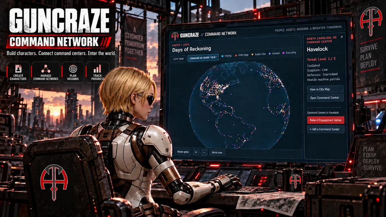 GunCraze Command Network: build characters, connect command centers, and enter the world